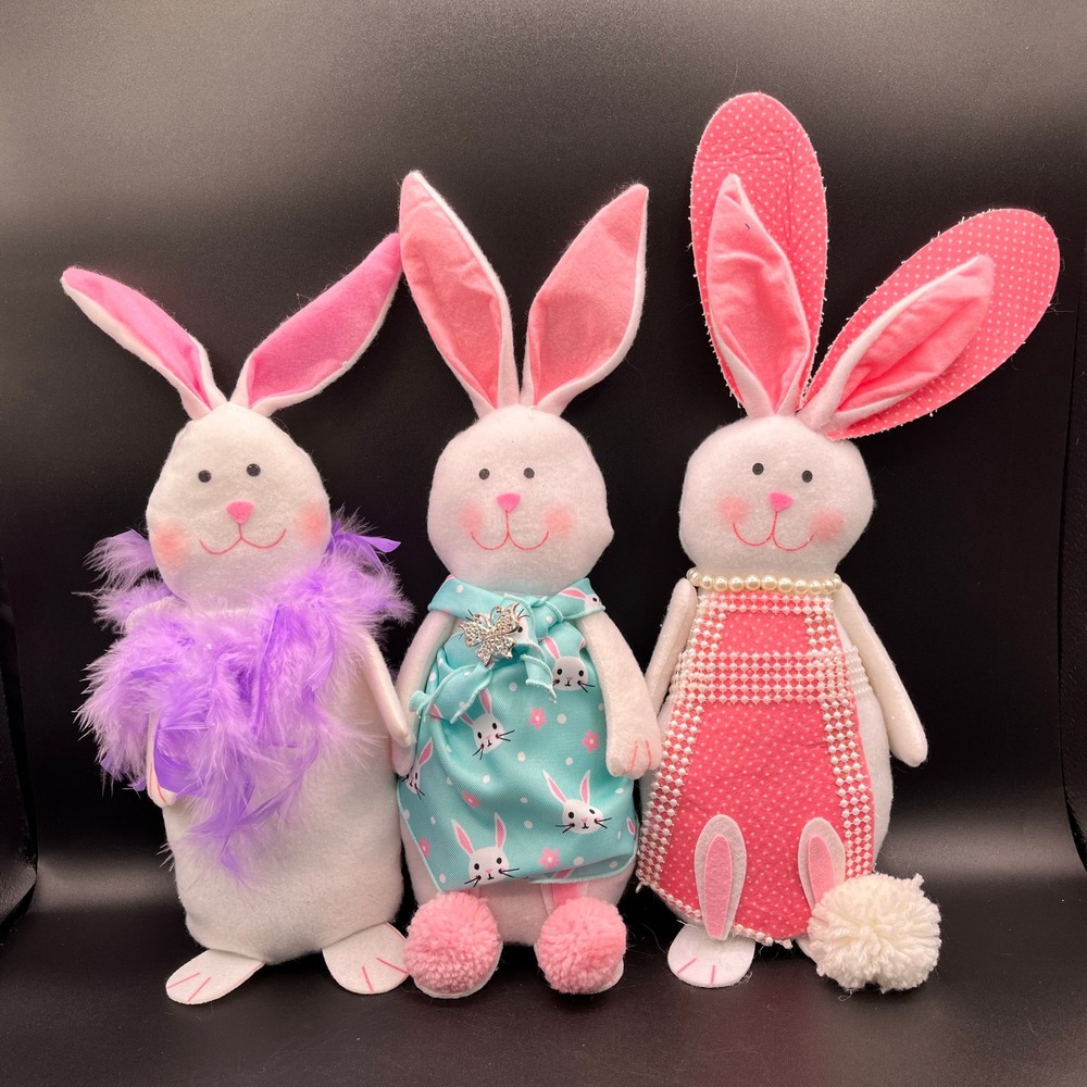 Set of 3 Dressed Easter Bunny Plush Figurines Spring Decor Colorful 14" Decor